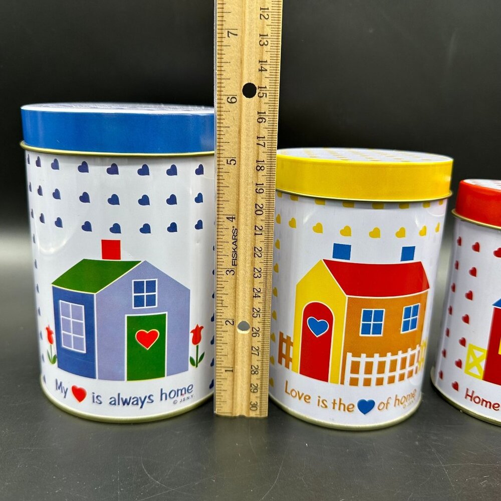 Vintage Metal Canister Set Heart Home 1980s JSNY Red Blue Yellow Cottagecore - Picture 7 of 9